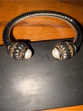 Silver -Tone Twisted Cuff Bracelet with Pearl Endcaps
